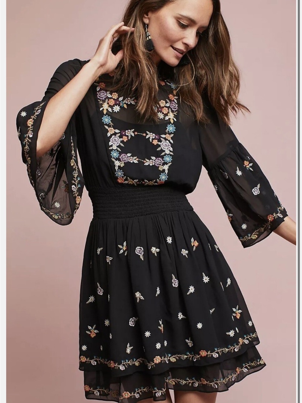 Anthropology Maeve Anfisa Dress Black Floral-Embroidered V-Neck Dress EUC
